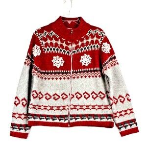 Fair Isle Sweater Womens Large Maroon Full Zip Knit Jumper Nortdic Mock Neck